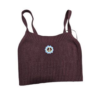 L.A. Hearts Cotton Knit Brown Cropped Tank Top With‎ Peace Sign Embroidery Small